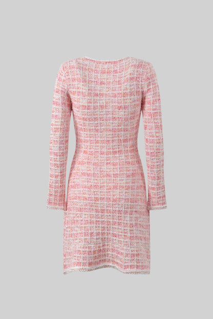 Tweed Mini Dress with Jewel Buttons - Pink