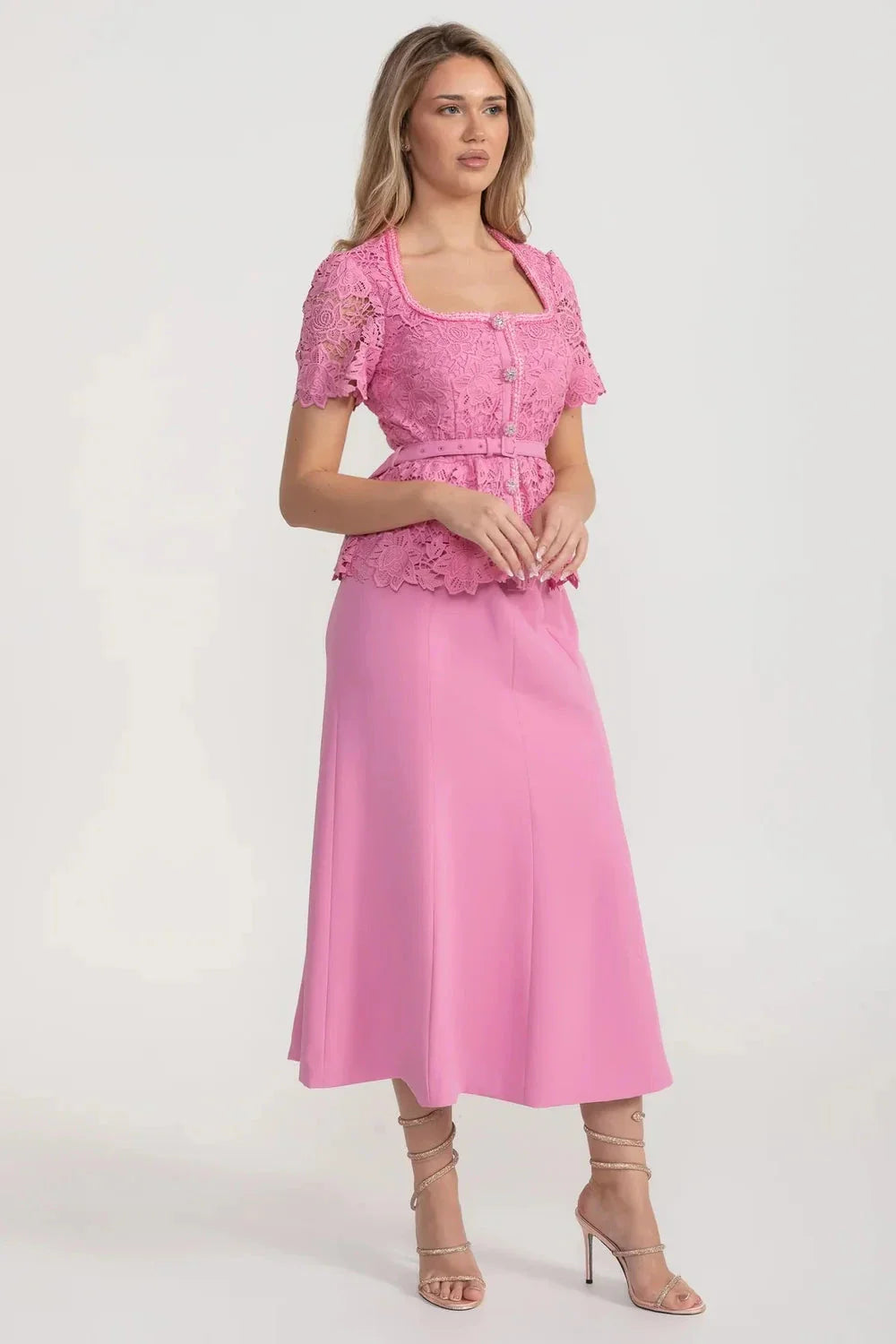 Elegant Dress With Lace Top, Matching Belt And Coordinated Skirt - Pink