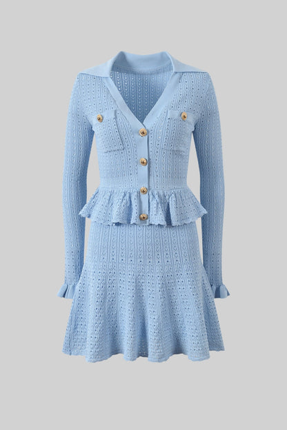 Knit Mini Dress with Peplum Waist and Gold Button Detail - Light Blue