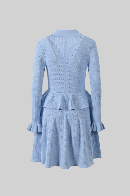 Knit Mini Dress with Peplum Waist and Gold Button Detail - Light Blue