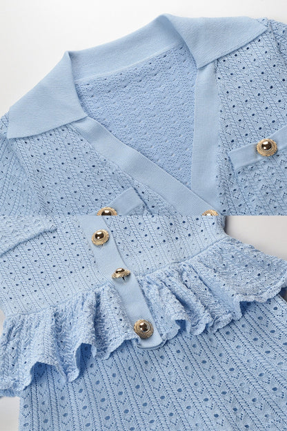 Knit Mini Dress with Peplum Waist and Gold Button Detail - Light Blue