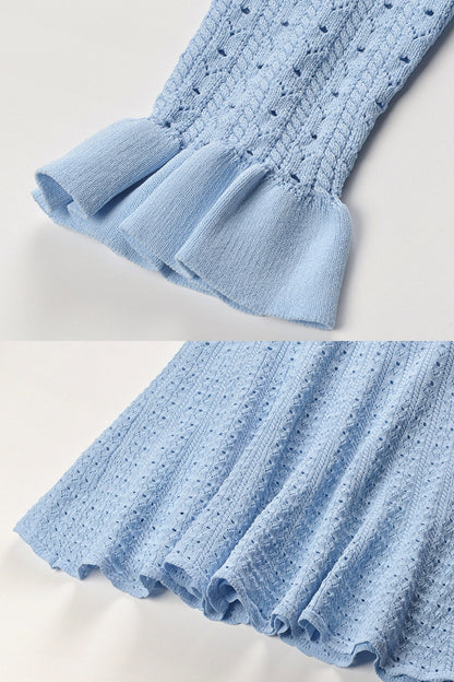 Knit Mini Dress with Peplum Waist and Gold Button Detail - Light Blue