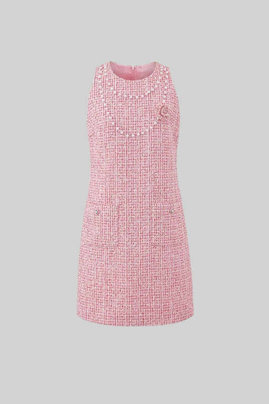 Sleeveless Tweed Mini Dress with Pearl Embellishments - Pink