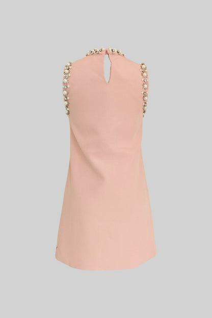 Embellished Sleeveless Mini Dress with High Neckline - Blush Pink