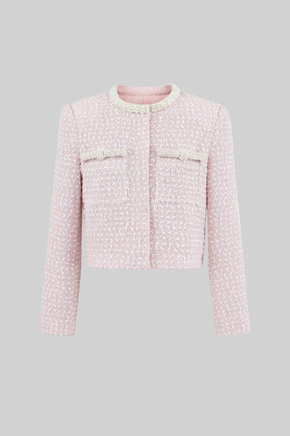 Embellished Tweed Jacket With Delicate Pearl Trim - Light Pink