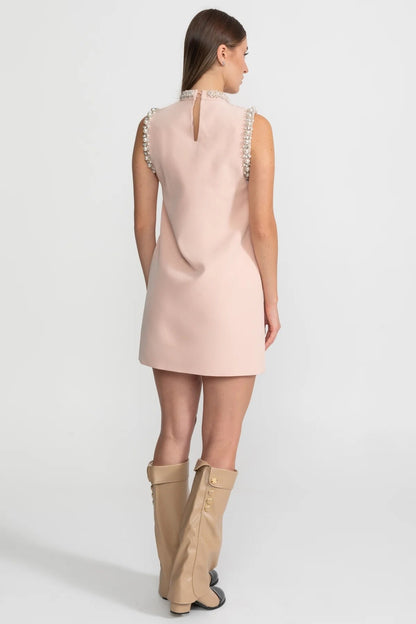 Embellished Sleeveless Mini Dress with High Neckline - Blush Pink