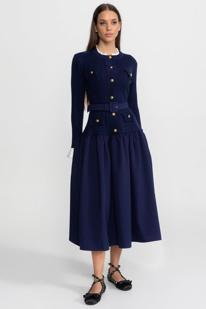 Ribbed Knit Midi Dress with Pleated Skirt and Belted Waist – Navy