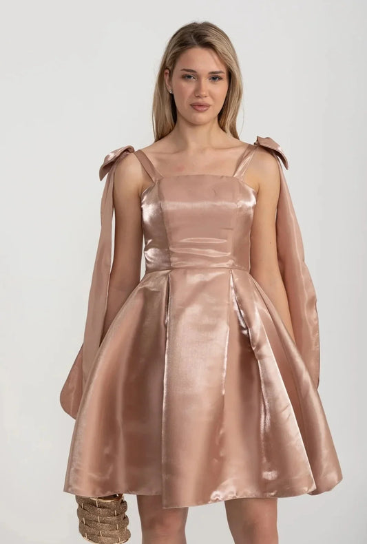 Elegant Satin Fitted Dress With Flared Skirt And Decorative Shoulder Bow Accents - Brown