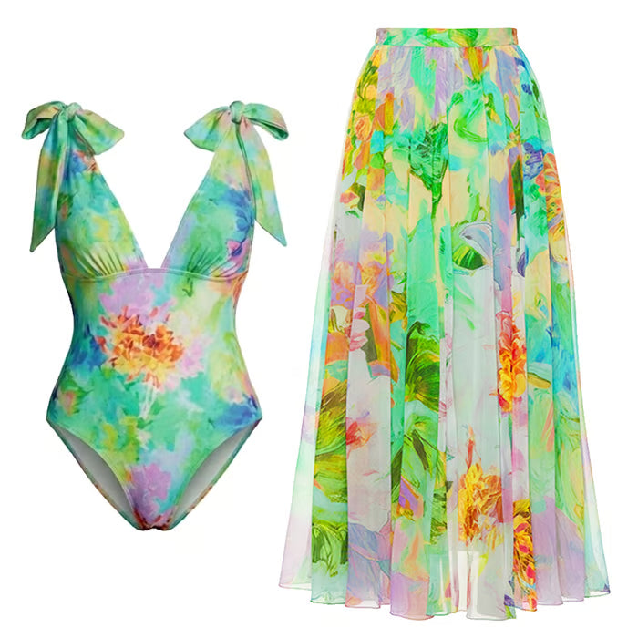 Azure Bloom Floral One-Piece & Skirt Set