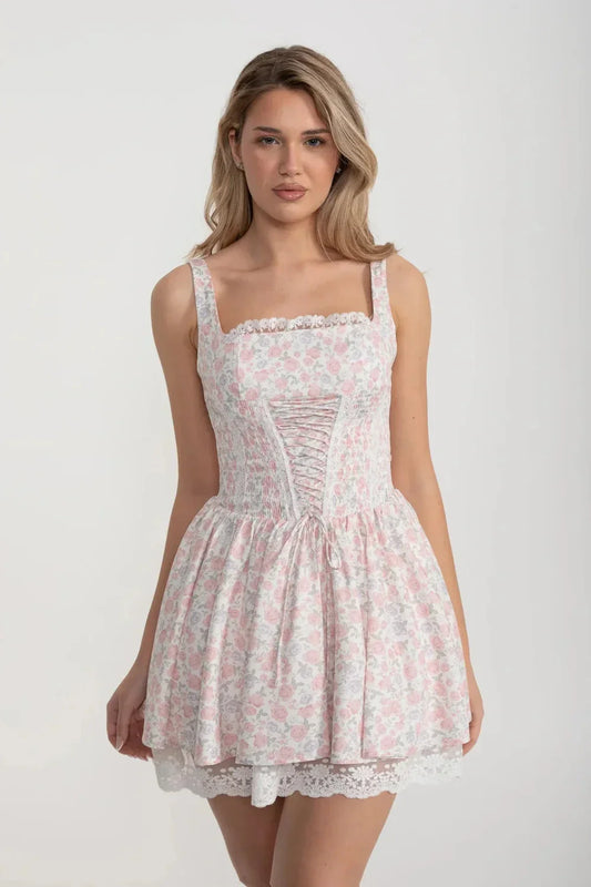 Sleeveless Summer Dress With Pink Floral Pattern And Lace-Up Front Detailing - White