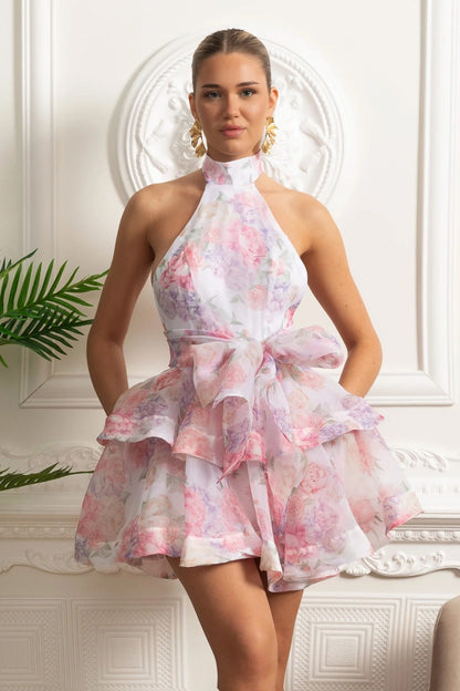 Floral Halterneck Ruffle Mini Dress - Pink