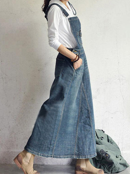 Casual Vintage-Inspired Back Slit Denim Overall Dress