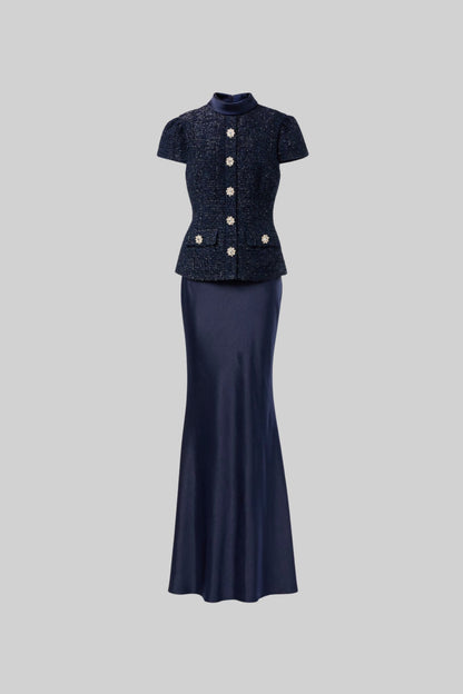 Co-Ord Set with Tweed Embellished Top and Satin Maxi Skirt - Navy