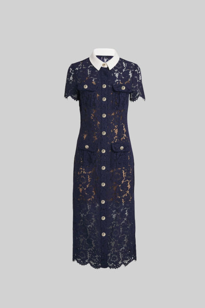 Floral Lace Midi Dress with Tailored Collar and Belted Waist - Navy