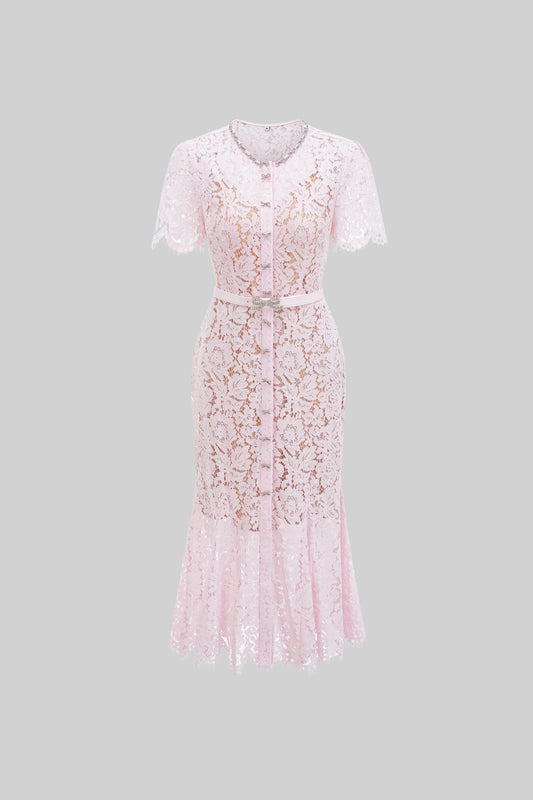 Elegant Floral Lace Fitted Dress with Button Detail and Scalloped Hem - Blush Pink