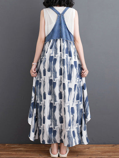 Denim Patchwork Watercolor Maxi Overall Dress