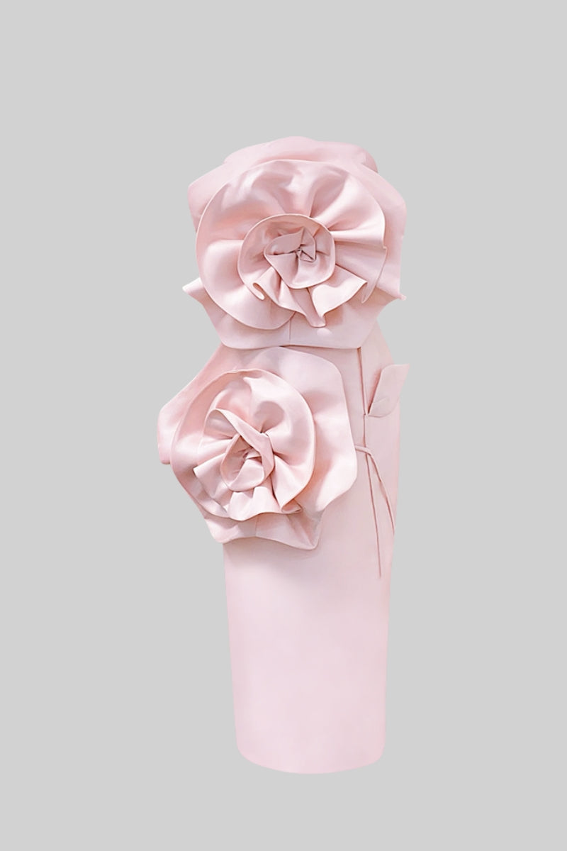 3D Voluminous Flower Design Midi Dress - Light Pink