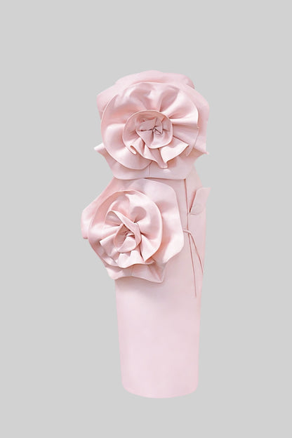 3D Voluminous Flower Design Midi Dress - Light Pink