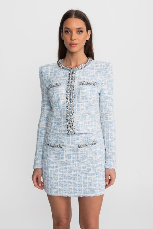 Embellished Tweed Co-Ord Set with Crystal Trim – Light Blue