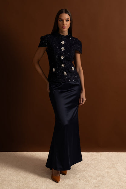 Co-Ord Set with Tweed Embellished Top and Satin Maxi Skirt - Navy