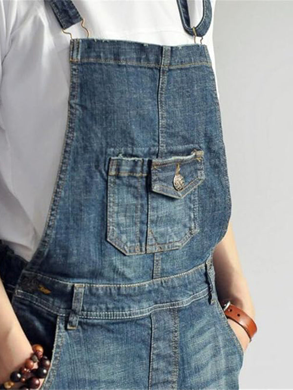 Casual Vintage-Inspired Back Slit Denim Overall Dress