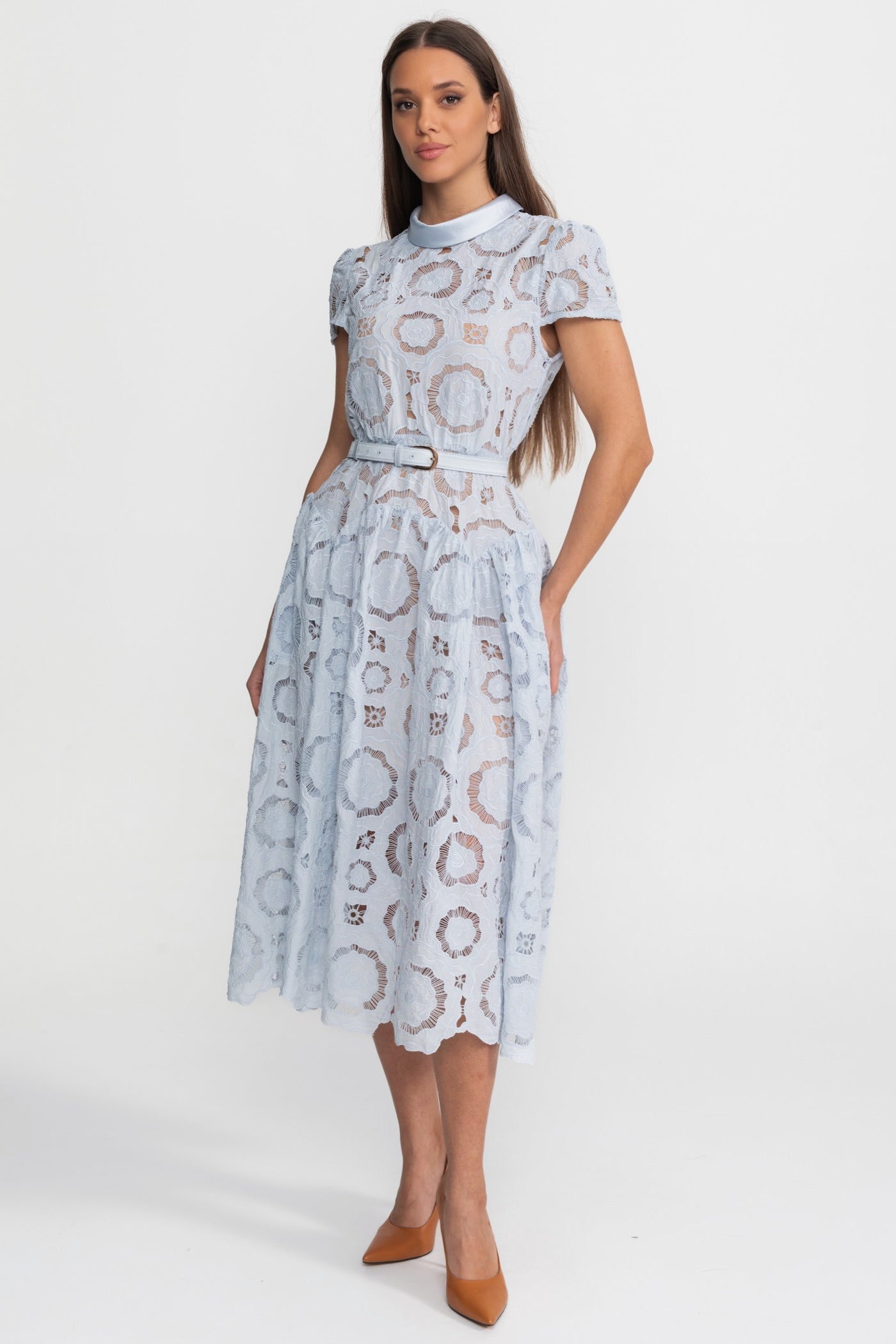 Floral Lace Midi Dress with Belted Waist – Light Blue