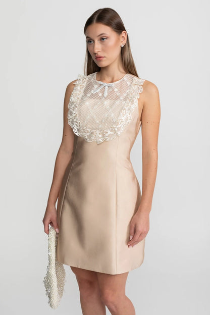 Lace Bib Detail Mini Dress – Nude