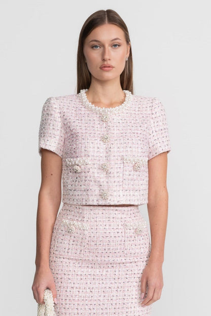Short Sleeve Pearl-Embellished Top With Sparkling Buttons - Pink