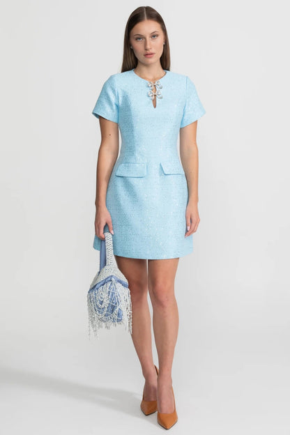 Sequin Mini Dress with Crystal Bow Accents - Baby Blue
