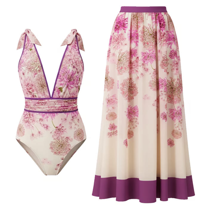 Azure Bloom Floral One-Piece & Skirt Set