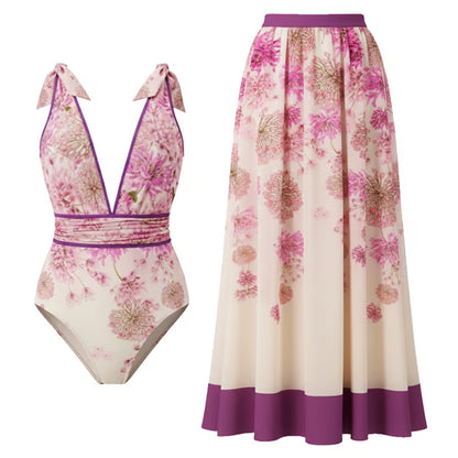 Azure Bloom Floral One-Piece & Skirt Set