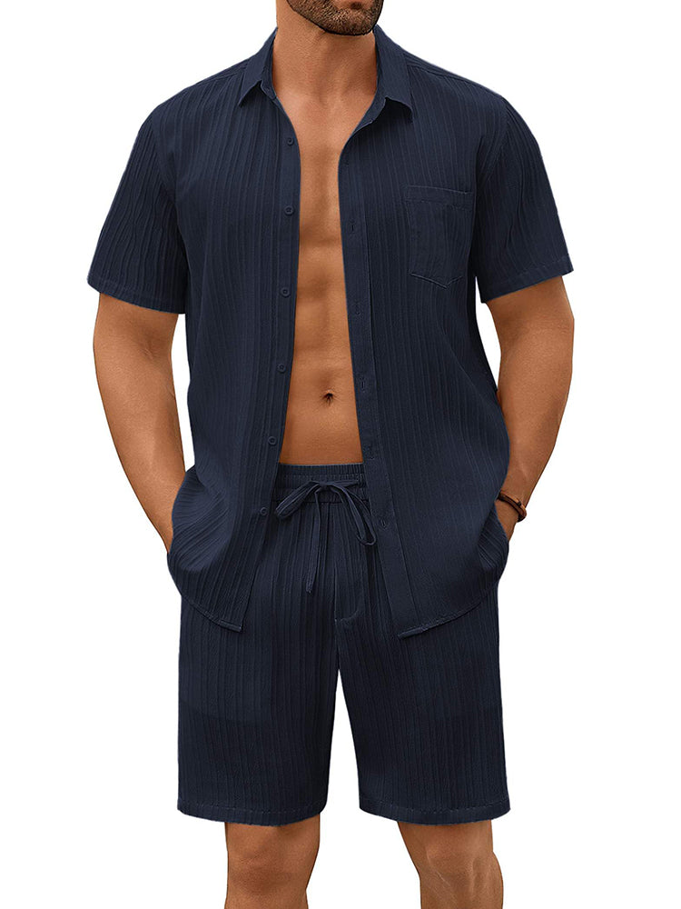 Casual Textured Shirt Shorts Vacation Set (US Only)