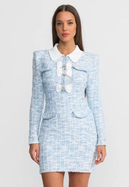 Tweed Mini Dress with Contrast Collar and Bow Embellishments - Light Blue