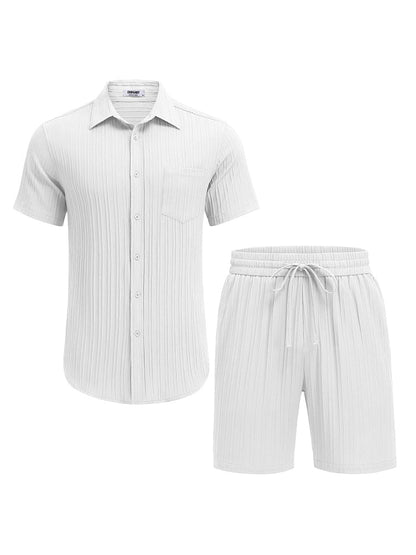 Casual Textured Shirt Shorts Vacation Set (US Only)