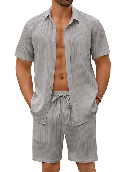 Casual Textured Shirt Shorts Vacation Set (US Only)
