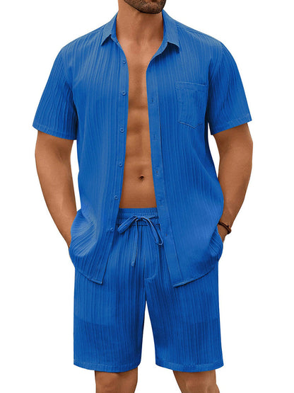 Casual Textured Shirt Shorts Vacation Set (US Only)