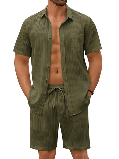 Casual Textured Shirt Shorts Vacation Set (US Only)