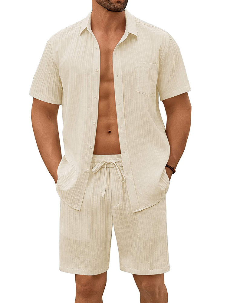 Casual Textured Shirt Shorts Vacation Set (US Only)