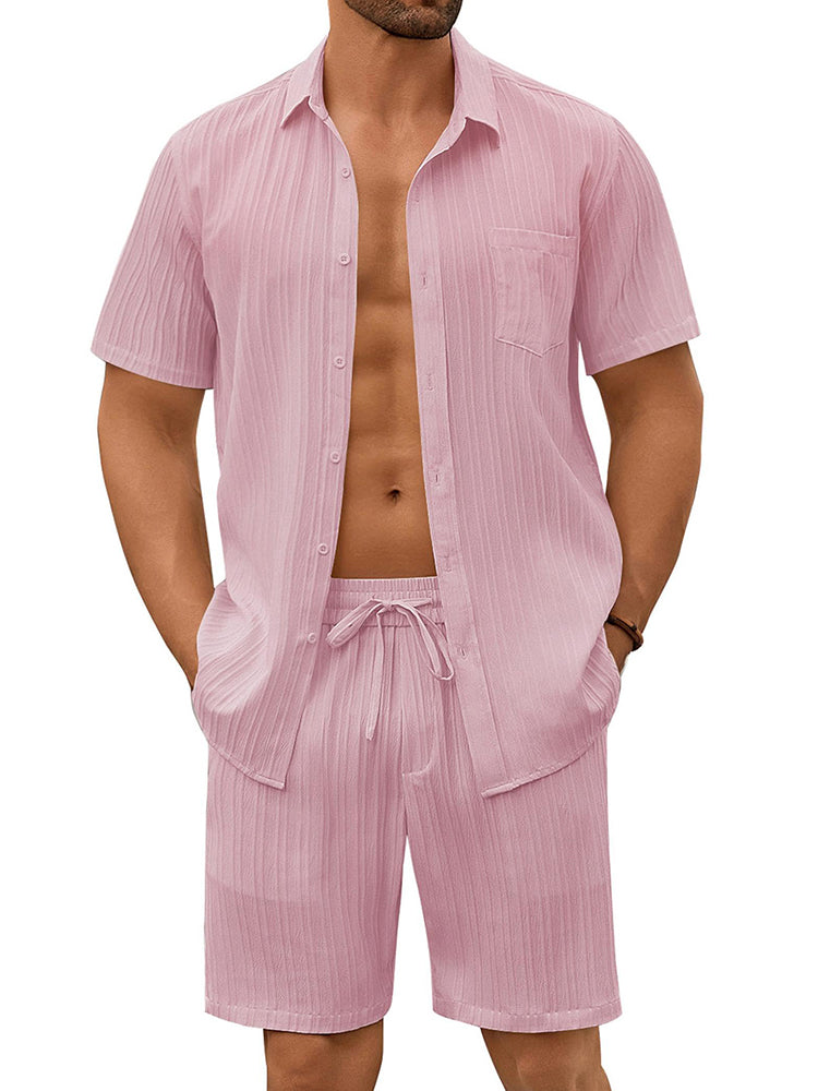 Casual Textured Shirt Shorts Vacation Set (US Only)