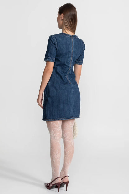 Embellished Denim Mini Dress With Sparkling Bows – Dark Blue