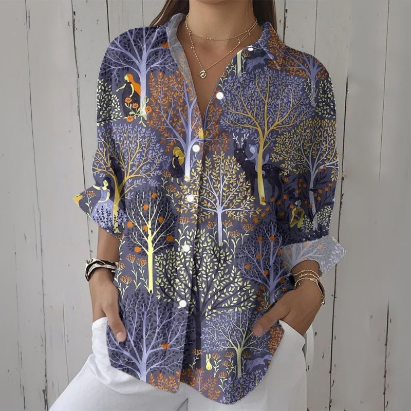 【Long Sleeve】Vintage Tree Print Blouse