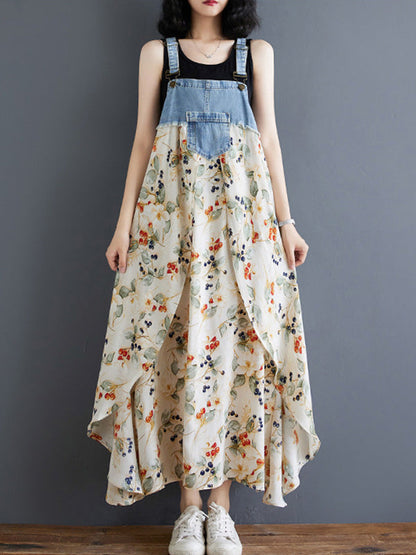 Denim Patchwork Watercolor Maxi Overall Dress
