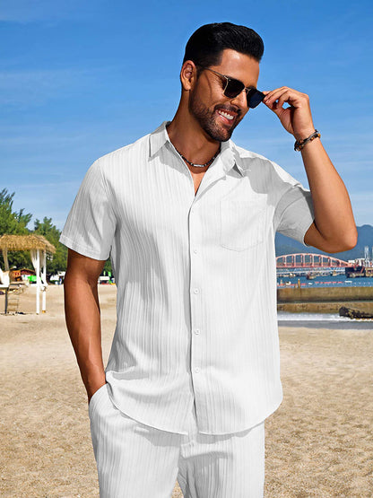 Casual Textured Shirt Shorts Vacation Set (US Only)