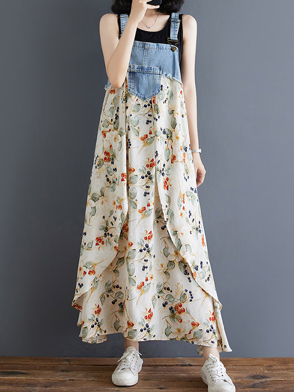 Denim Patchwork Watercolor Maxi Overall Dress