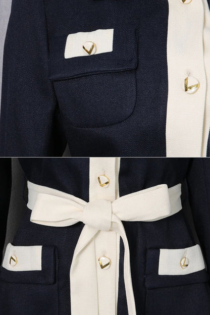 Two-Tone Tweed Jacket With Contrast Trim and Waist Belt – Navy