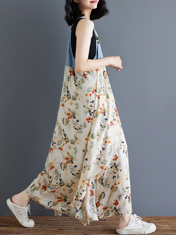 Denim Patchwork Watercolor Maxi Overall Dress