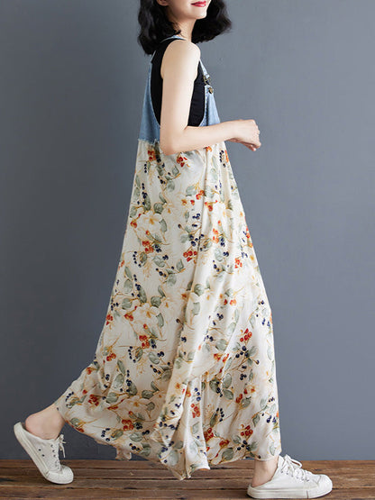 Denim Patchwork Watercolor Maxi Overall Dress