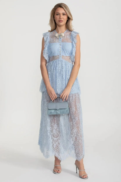 Elegant Vintage-Inspired Lace Dress With Ruffled Details And Layered Skirt - Blue