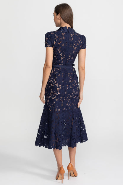 Lace Midi Dress with Belted Waist and Collared Neckline – Navy