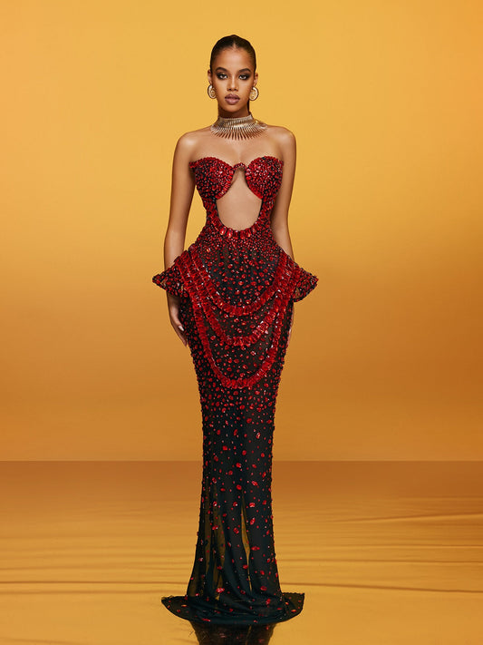 Arygon Strapless Cutout Crystal Maxi Dress In Wine